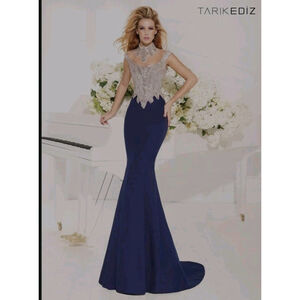 Tarik Ediz 92328 Blue & Silver Elegant Beaded Gown Prom Pagent Dress Size 6 NWT